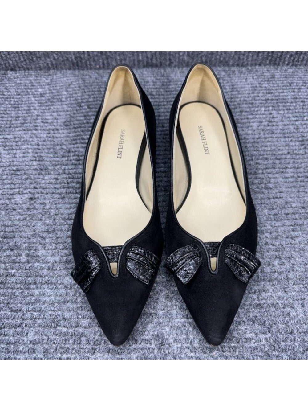 Sarah Flint Lana Flats Womens 40/ 9-9.5 Black Suede Pointed Toe Bow Shoes Italy